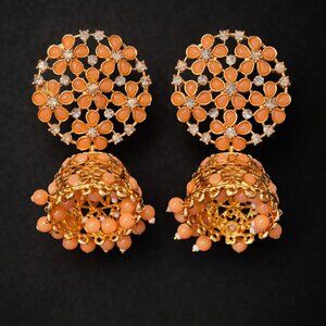 Peach Floral Crystal Jhumka Earrings